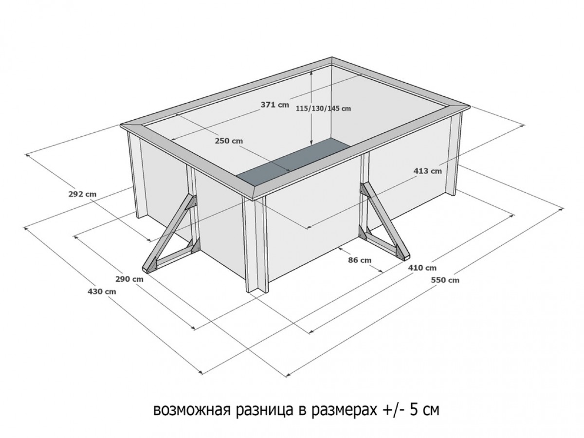 Деревянный сборный бассейн "Кая" 370 х 250 х 115 см от Кристалл глубиной 115 см, прямоугольник морозоустойчивый