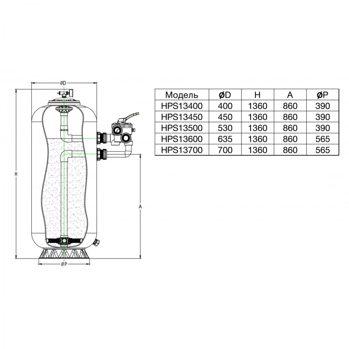 Фильтр для бассейна НРS13450, шпул.навивки, d.450мм, 8 м³/ч, выс.0,8м, бок. подкл. 1½", без вент
